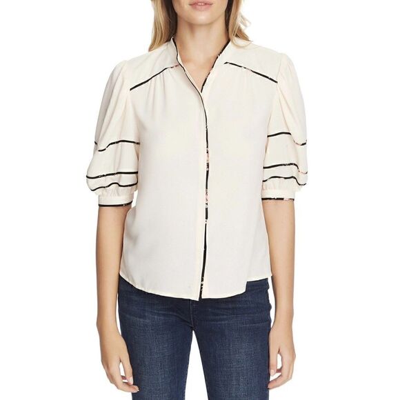 1. State Women’s Cream With Black Lining 1/2 Sleeve Button Up Blouse Sz L Top - Picture 5 of 6
